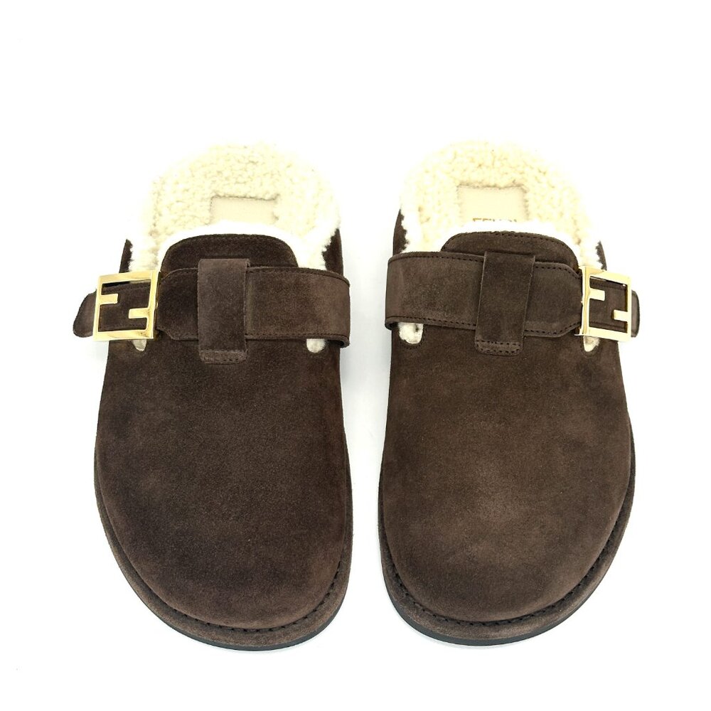FENDI Feel FF Shearling  Buckled Sabots Mules Slides Flat Clog Sandals - Picture 8 of 16